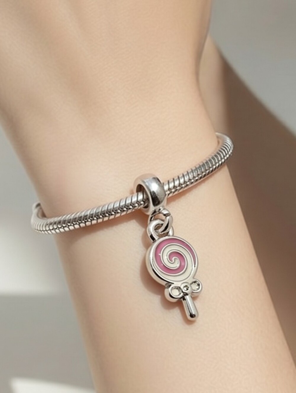 Pink Swirl Lollipop 3D Bracelet Charm Silver Carnival Party Jewelry Summer Fun